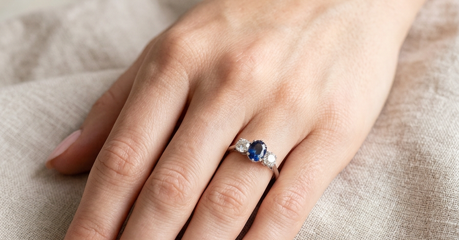 hand classic trilogy ring set with an exquisite oval cut sapphire centre stone, hues of deep blue colour and measuring 6x4.2mm (est approx 0.50 carats)