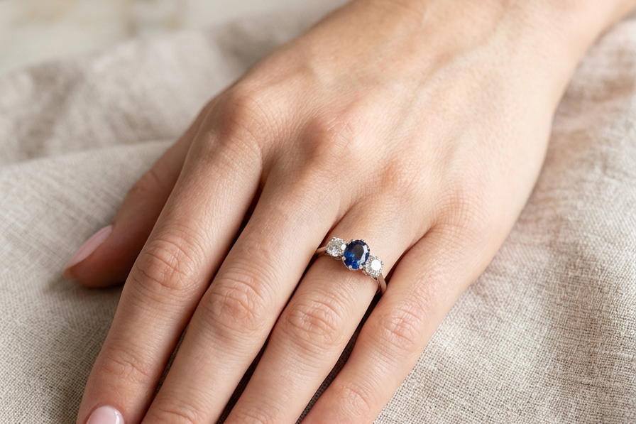 hand classic trilogy ring set with an exquisite oval cut sapphire centre stone, hues of deep blue colour and measuring 6x4.2mm (est approx 0.50 carats)