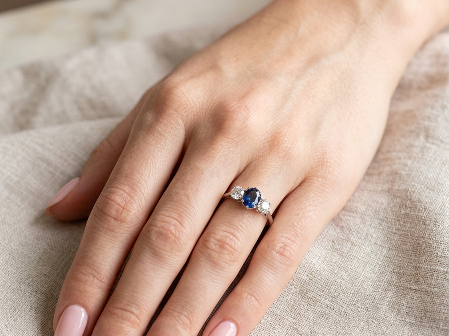 hand classic trilogy ring set with an exquisite oval cut sapphire centre stone, hues of deep blue colour and measuring 6x4.2mm (est approx 0.50 carats)