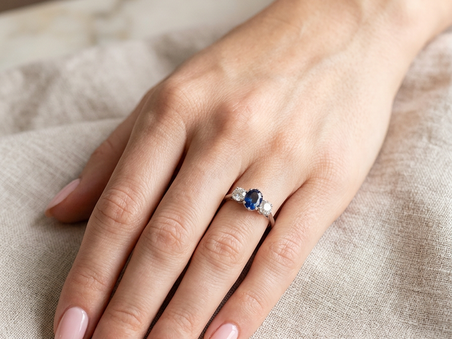 hand classic trilogy ring set with an exquisite oval cut sapphire centre stone, hues of deep blue colour and measuring 6x4.2mm (est approx 0.50 carats)