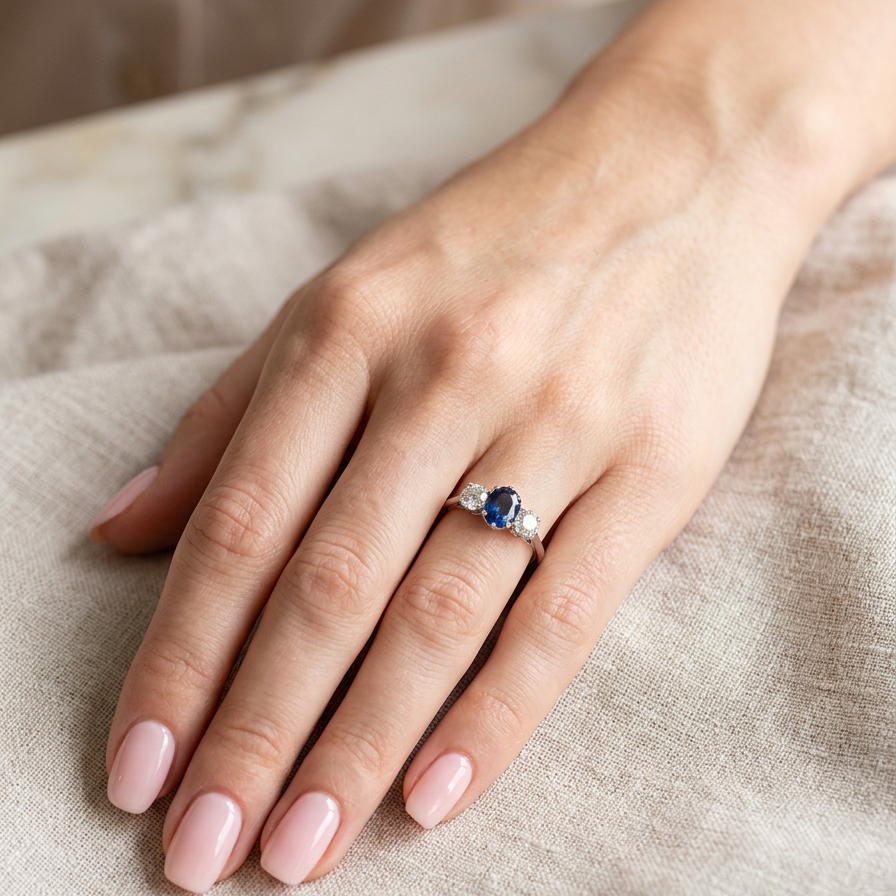 hand classic trilogy ring set with an exquisite oval cut sapphire centre stone, hues of deep blue colour and measuring 6x4.2mm (est approx 0.50 carats)