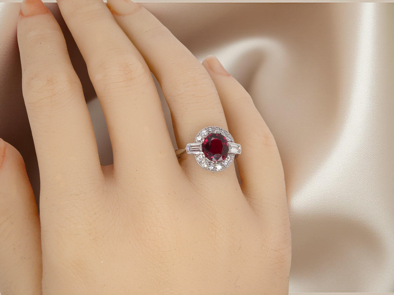 hand fine Art Deco style cluster ring featuring an untreated natural ruby