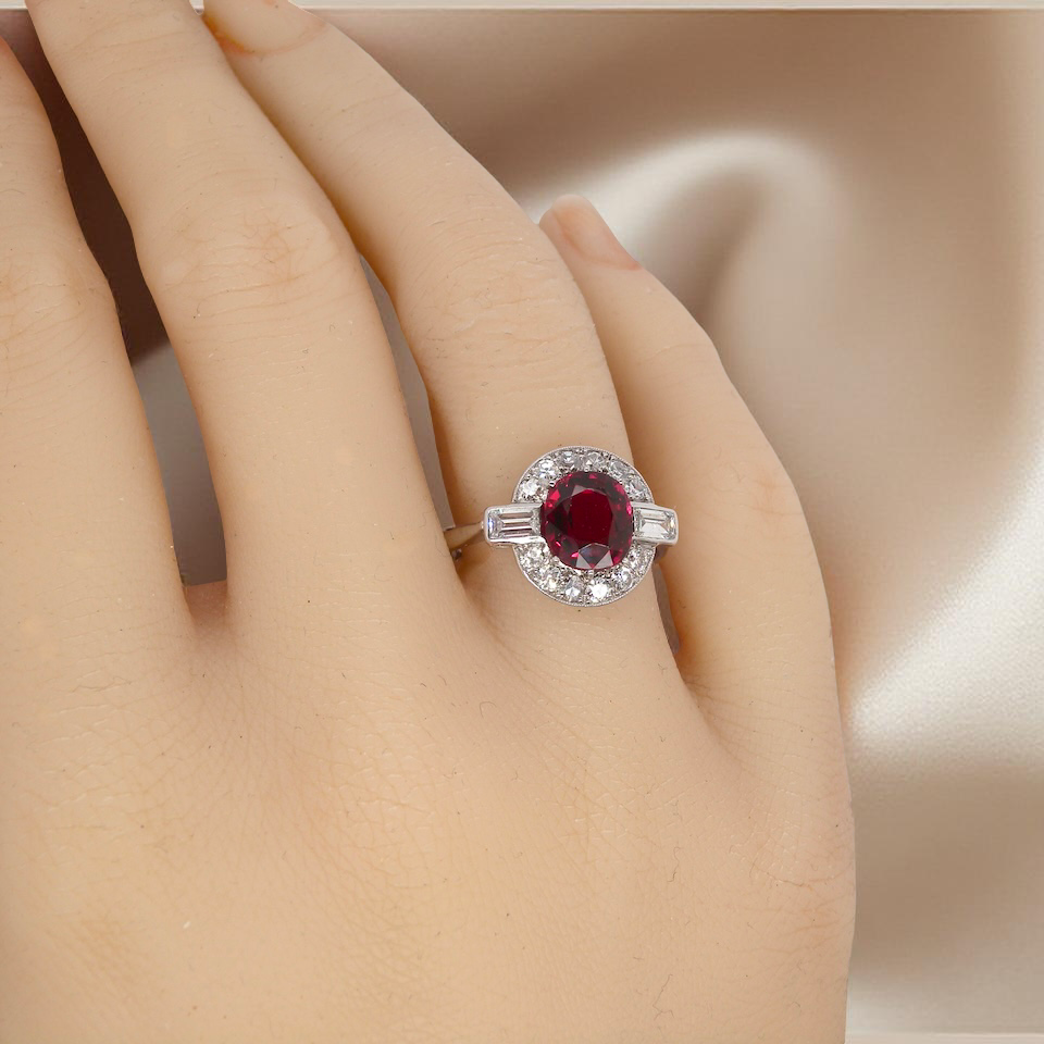 hand fine Art Deco style cluster ring featuring an untreated natural ruby
