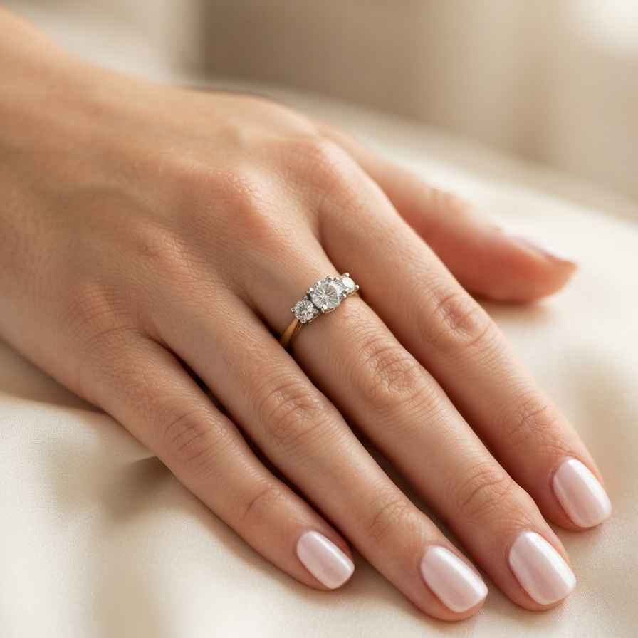 hand model A fine and impressive three stone diamond trilogy ring, beautifully set with three graduated brilliant cut white diamonds.