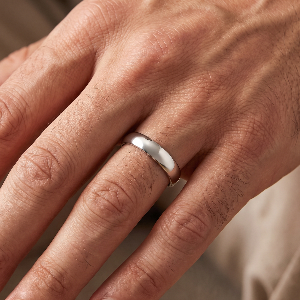 A close-up of a person's hand wearing a simple polished band ring on one finger, set against a soft beige background.