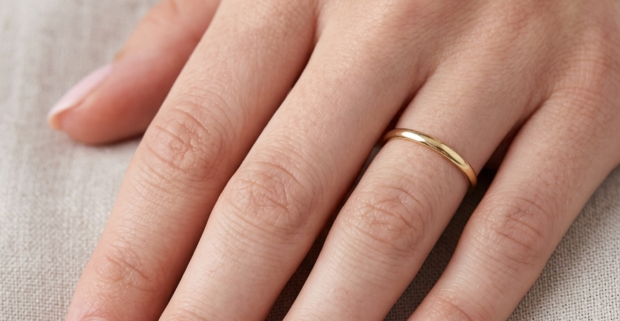 hand narrow 18 carat gold wedding ring. Traditional D shape profile.
Hallmarks for Birmingham 1934.