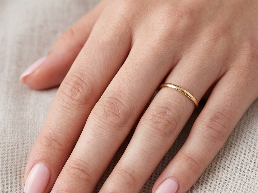 hand narrow 18 carat gold wedding ring. Traditional D shape profile.
Hallmarks for Birmingham 1934.
