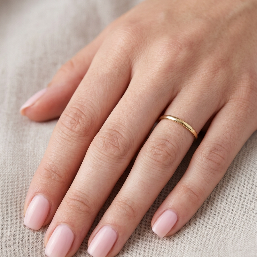 hand narrow 18 carat gold wedding ring. Traditional D shape profile.
Hallmarks for Birmingham 1934.