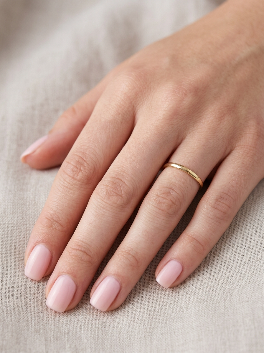 hand narrow 18 carat gold wedding ring. Traditional D shape profile.
Hallmarks for Birmingham 1934.