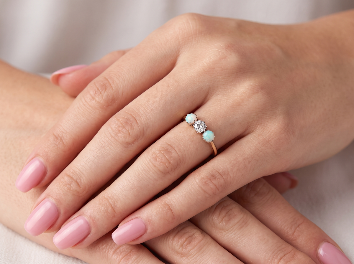 hand opal A three stone ring, the centre stone an old brilliant cut white diamond 4.6mm (est 0.38 carats) colour i-j, clarity Si, claw set in platinum.