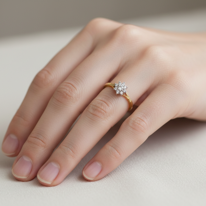 hand pretty cluster ring set with nine brilliant-cut white diamonds.