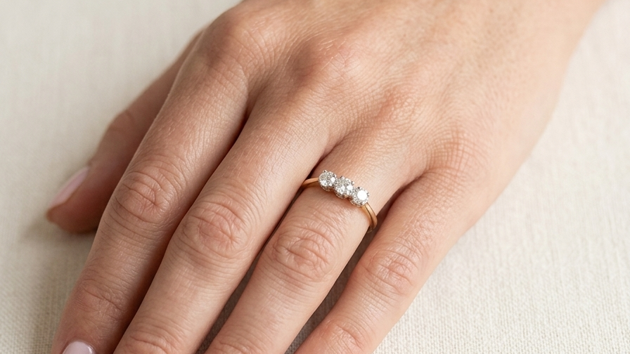 hand ring is set with three brilliant cut white diamonds, each 3mm diameter. (total estimated at 0.30 carats) Colour h-j, clarity Si. Claw set head, white gold,