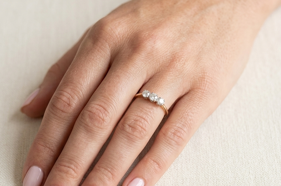 hand ring is set with three brilliant cut white diamonds, each 3mm diameter. (total estimated at 0.30 carats) Colour h-j, clarity Si. Claw set head, white gold,