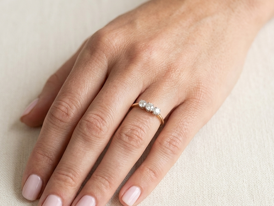 hand ring is set with three brilliant cut white diamonds, each 3mm diameter. (total estimated at 0.30 carats) Colour h-j, clarity Si. Claw set head, white gold,