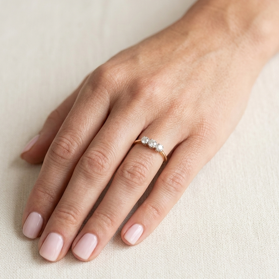 hand ring is set with three brilliant cut white diamonds, each 3mm diameter. (total estimated at 0.30 carats) Colour h-j, clarity Si. Claw set head, white gold,
