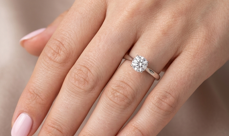 hand solitaire ring containing a fine modern brilliant cut white diamond. Measures 5.4mm (.53 carats)
Colour G-h, clarity Si. Modern feature under setting, depth 6.8mm, weight 2.6grams.