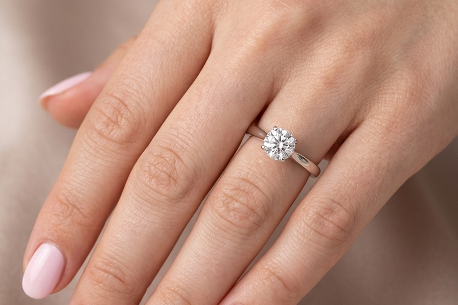 hand solitaire ring containing a fine modern brilliant cut white diamond. Measures 5.4mm (.53 carats)
Colour G-h, clarity Si. Modern feature under setting, depth 6.8mm, weight 2.6grams.