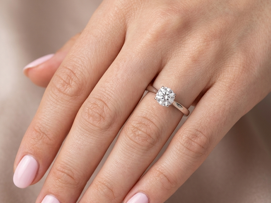 hand solitaire ring containing a fine modern brilliant cut white diamond. Measures 5.4mm (.53 carats)
Colour G-h, clarity Si. Modern feature under setting, depth 6.8mm, weight 2.6grams.