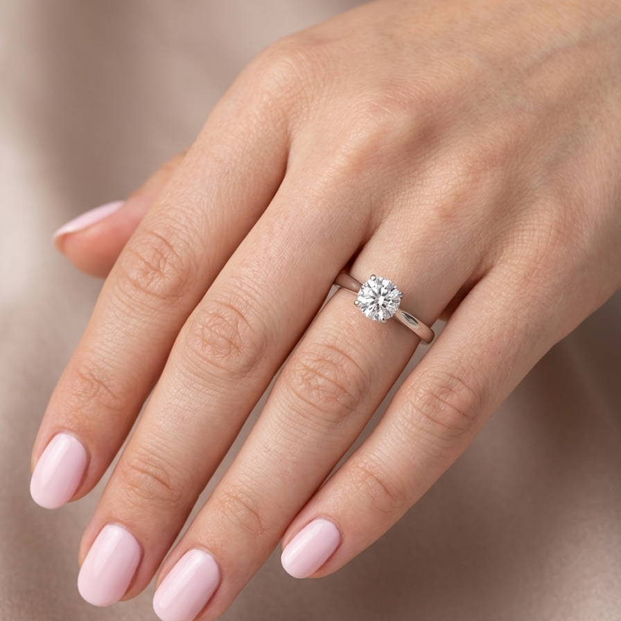 hand solitaire ring containing a fine modern brilliant cut white diamond. Measures 5.4mm (.53 carats)
Colour G-h, clarity Si. Modern feature under setting, depth 6.8mm, weight 2.6grams.