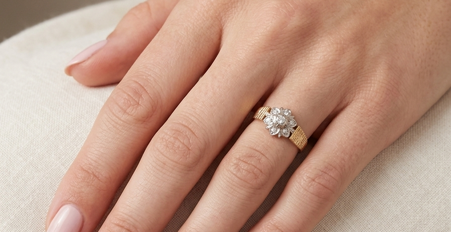typical design from the 1960s/1970s era, a daisy cluster set with brilliant cut white diamonds a