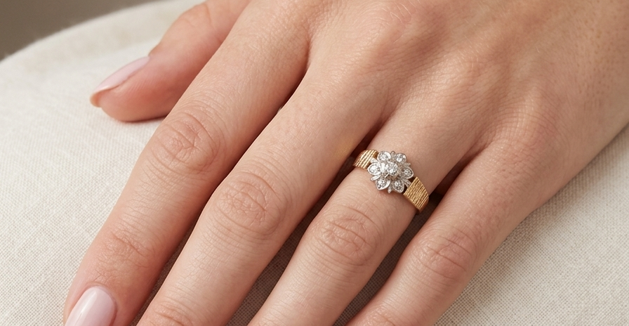 typical design from the 1960s/1970s era, a daisy cluster set with brilliant cut white diamonds a