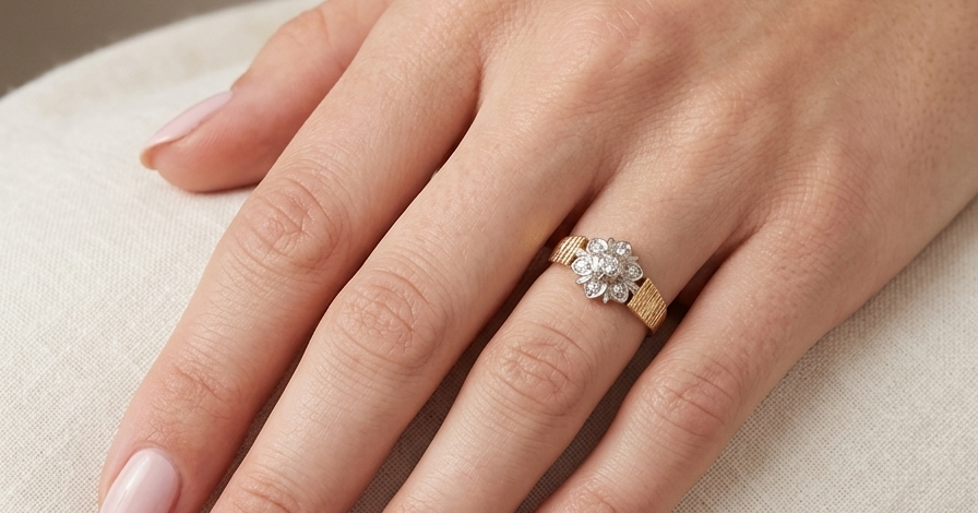 typical design from the 1960s/1970s era, a daisy cluster set with brilliant cut white diamonds a