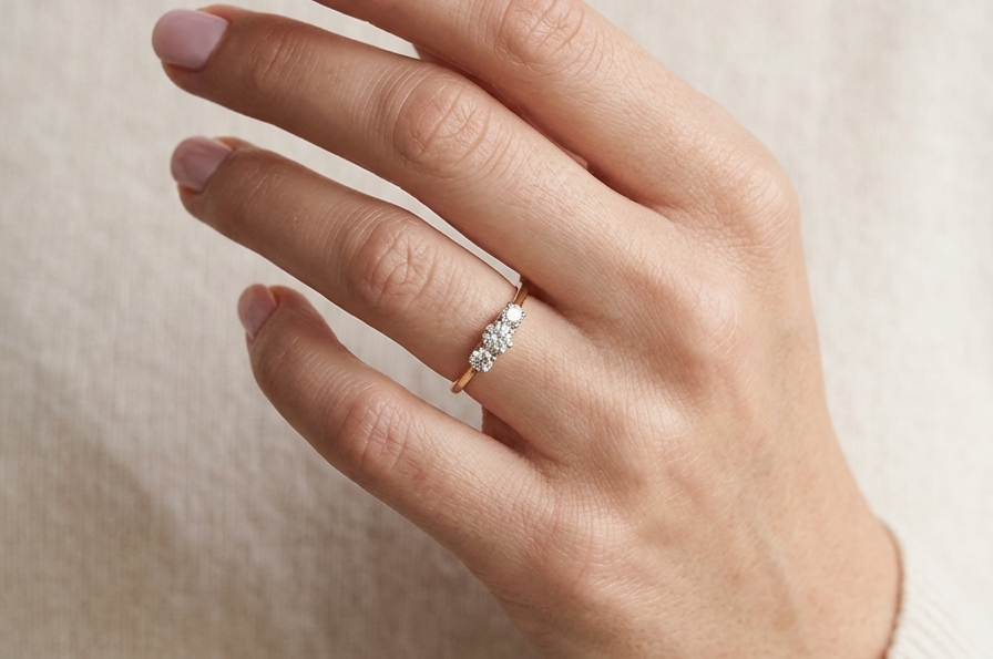 hand with a 3 stone ring