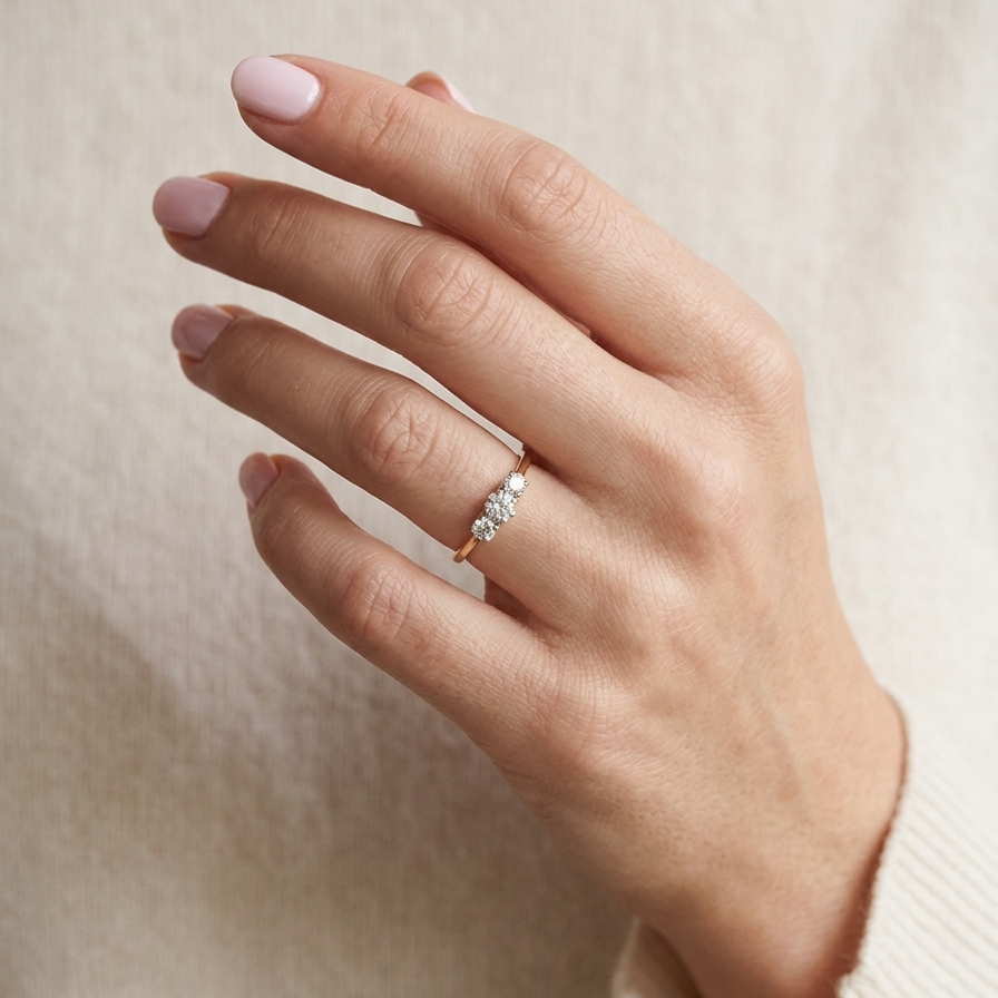 hand with a 3 stone ring