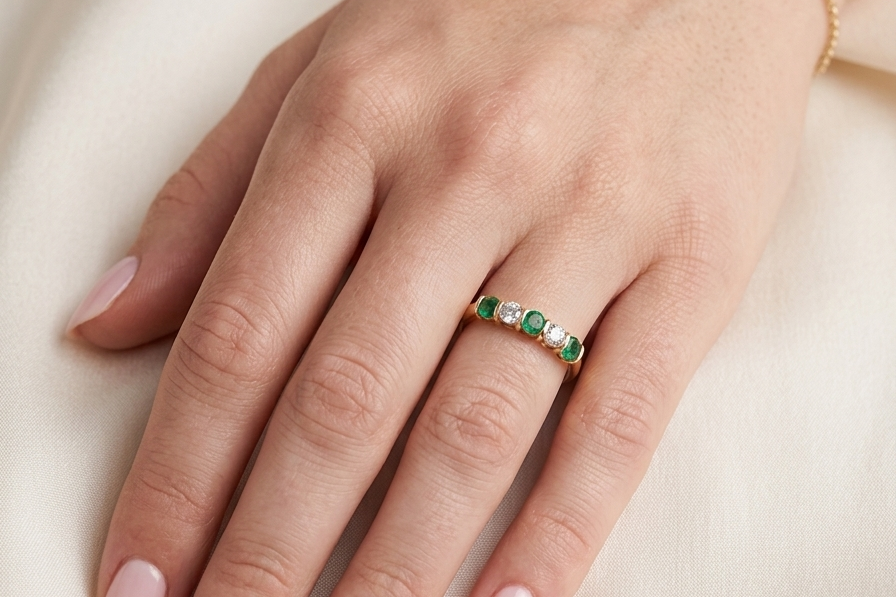 hand A five stone ring set with three emeralds, each 3mm diameter.
Between each two brilliant cut white diamonds, each 3.4mm (0.15 carats each est), colour i-j, clarity Si.