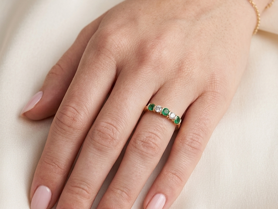 hand A five stone ring set with three emeralds, each 3mm diameter.
Between each two brilliant cut white diamonds, each 3.4mm (0.15 carats each est), colour i-j, clarity Si.
