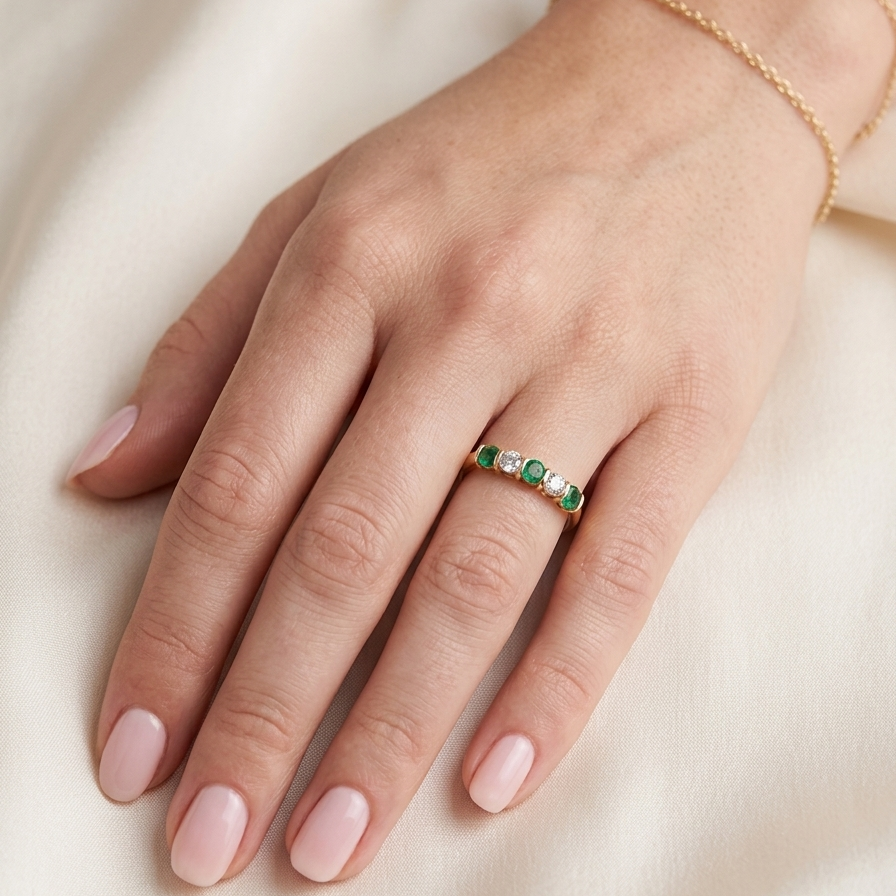 hand A five stone ring set with three emeralds, each 3mm diameter.
Between each two brilliant cut white diamonds, each 3.4mm (0.15 carats each est), colour i-j, clarity Si.