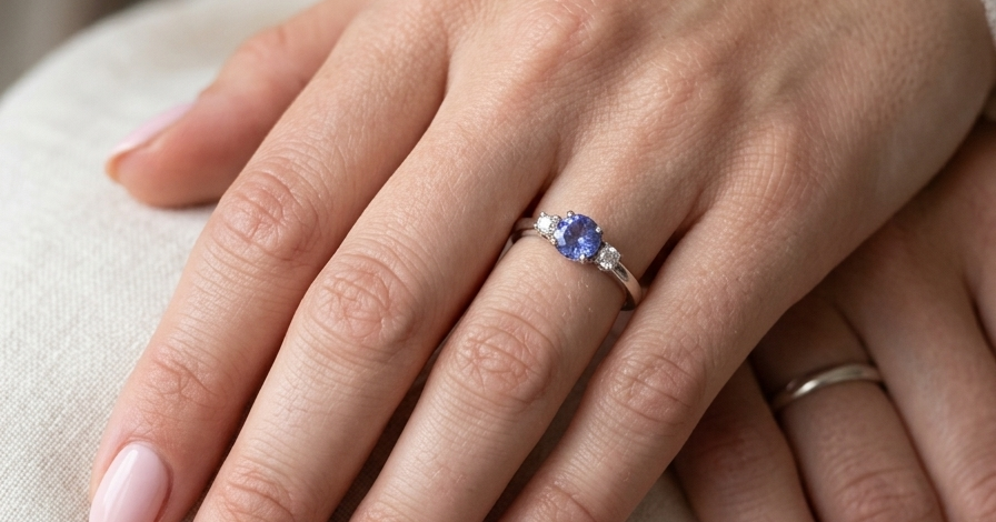 hsnd An 18 carat white gold three stone ring. Centre stone a round tanzanite 6mm diameter.
Each side a brilliant cut white diamond