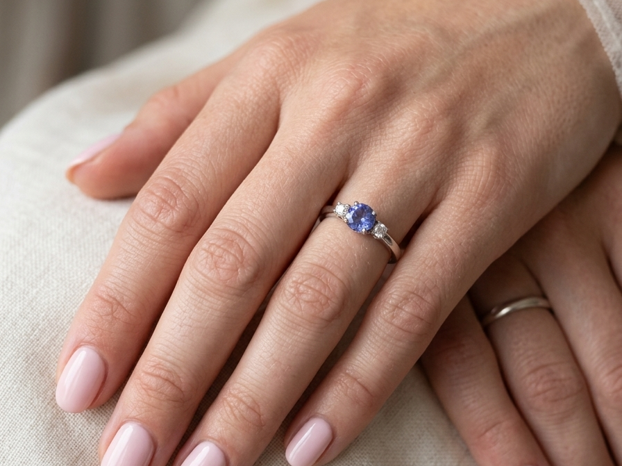 hsnd An 18 carat white gold three stone ring. Centre stone a round tanzanite 6mm diameter.
Each side a brilliant cut white diamond