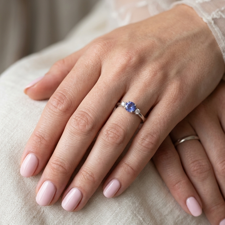 hsnd An 18 carat white gold three stone ring. Centre stone a round tanzanite 6mm diameter.
Each side a brilliant cut white diamond
