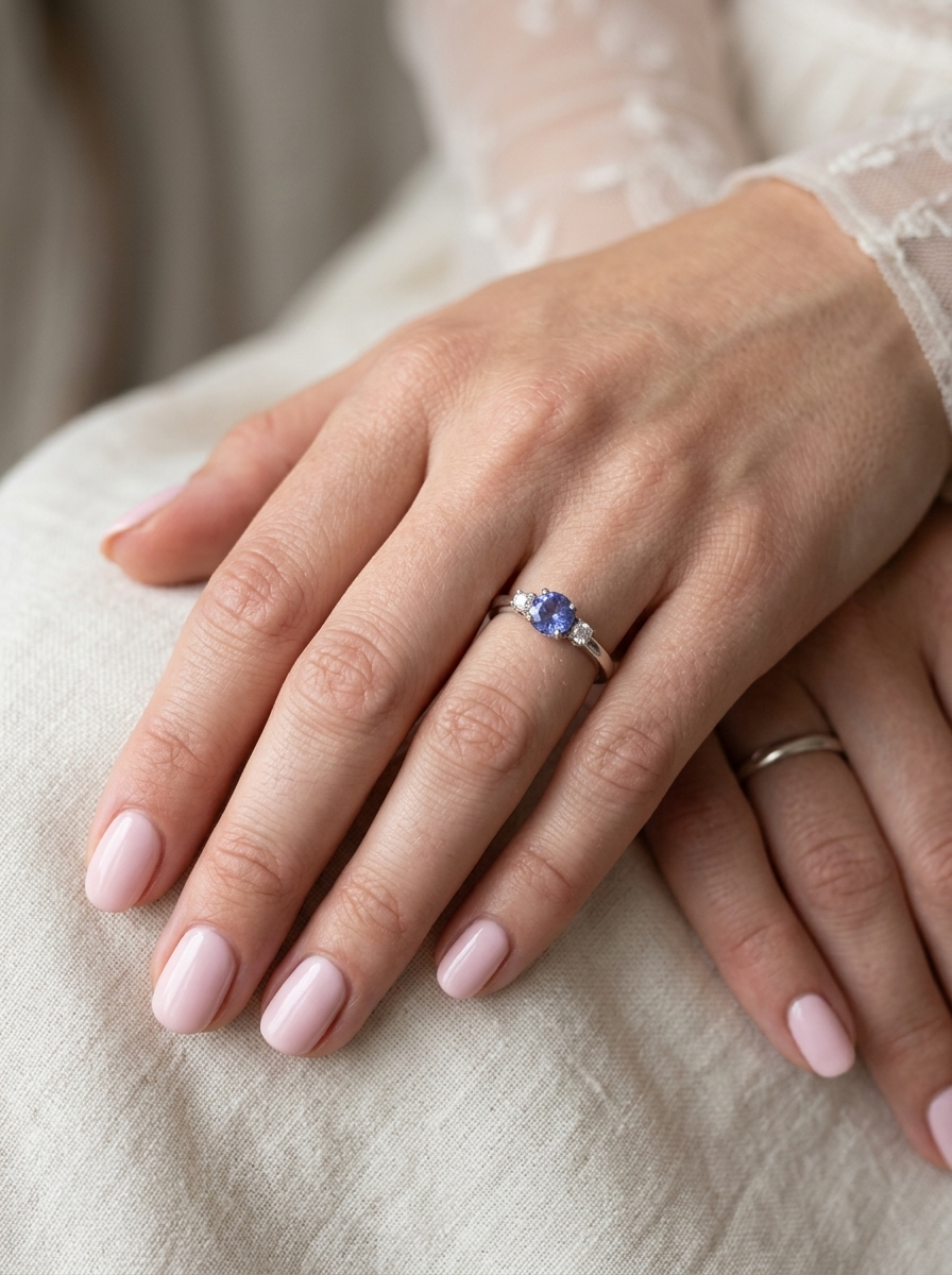 hsnd An 18 carat white gold three stone ring. Centre stone a round tanzanite 6mm diameter.
Each side a brilliant cut white diamond