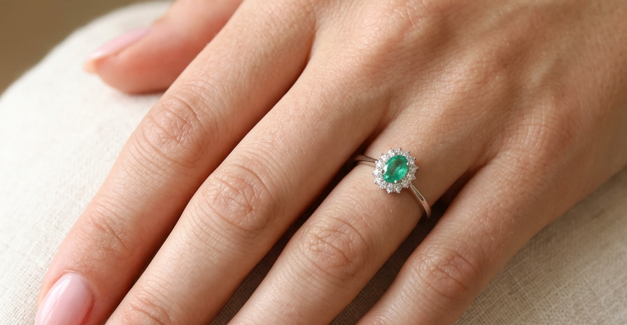 hand A classic cluster ring set with an oval cut emerald centre stone, measures 6x4mm, grass green colour.
Complimented by an outer halo of twelve brilliant cut white diamonds, each 1.7mm (total est at 0.25 carats)
