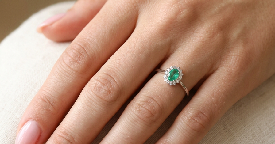 hand A classic cluster ring set with an oval cut emerald centre stone, measures 6x4mm, grass green colour.
Complimented by an outer halo of twelve brilliant cut white diamonds, each 1.7mm (total est at 0.25 carats)