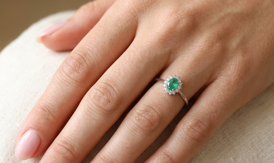 hand A classic cluster ring set with an oval cut emerald centre stone, measures 6x4mm, grass green colour.
Complimented by an outer halo of twelve brilliant cut white diamonds, each 1.7mm (total est at 0.25 carats)