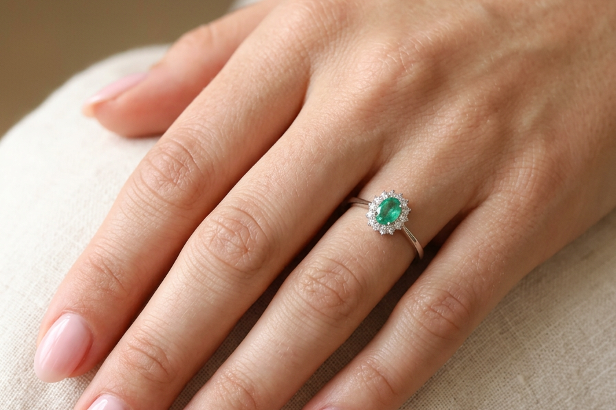 hand A classic cluster ring set with an oval cut emerald centre stone, measures 6x4mm, grass green colour.
Complimented by an outer halo of twelve brilliant cut white diamonds, each 1.7mm (total est at 0.25 carats)