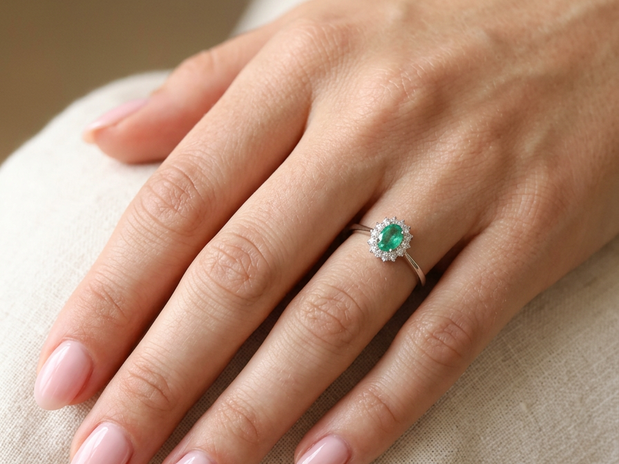 hand A classic cluster ring set with an oval cut emerald centre stone, measures 6x4mm, grass green colour.
Complimented by an outer halo of twelve brilliant cut white diamonds, each 1.7mm (total est at 0.25 carats)