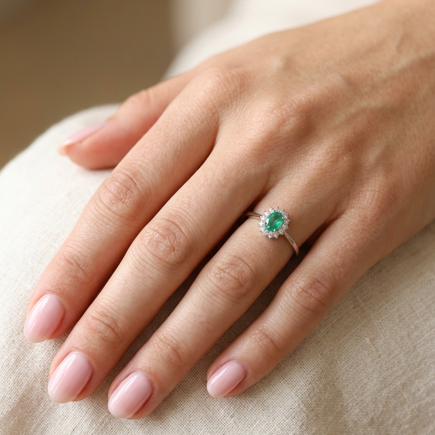 hand A classic cluster ring set with an oval cut emerald centre stone, measures 6x4mm, grass green colour.
Complimented by an outer halo of twelve brilliant cut white diamonds, each 1.7mm (total est at 0.25 carats)