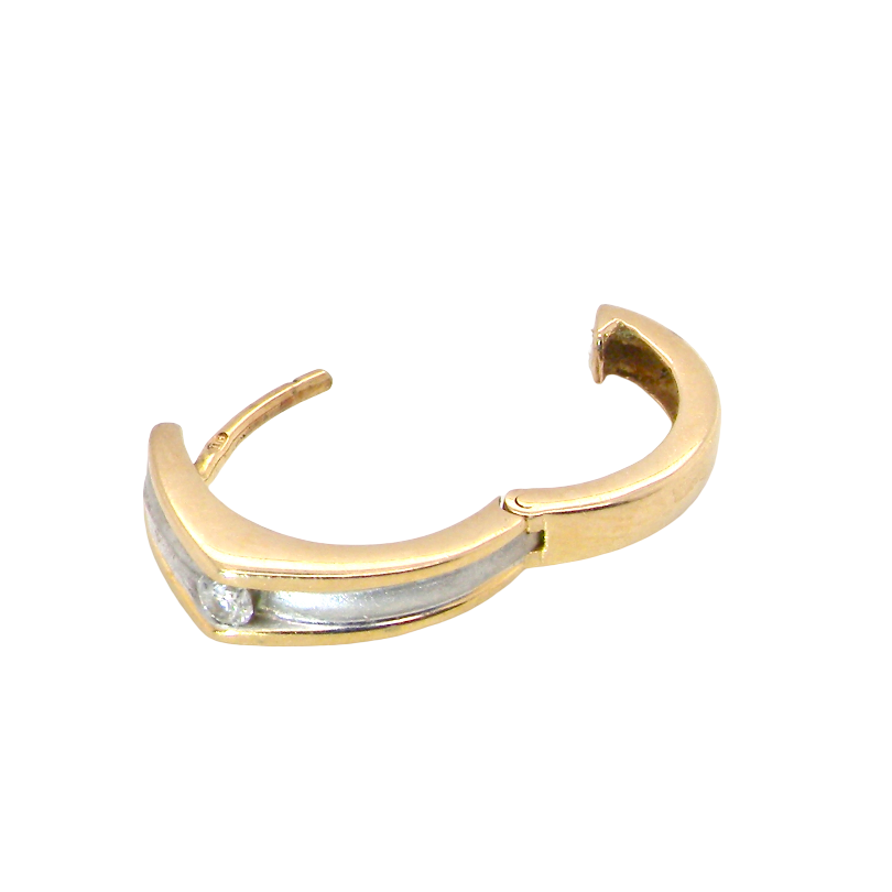 A gold huggie hoop earring with a silver-toned inlay along the front curve, shown on a plain white background.