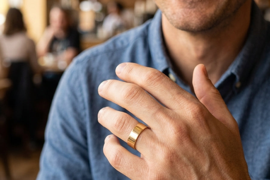 male hand A wide wedding ring 8mm, with a flat profile (not D shape) . Totally plain and re-polished to near perfect condition.