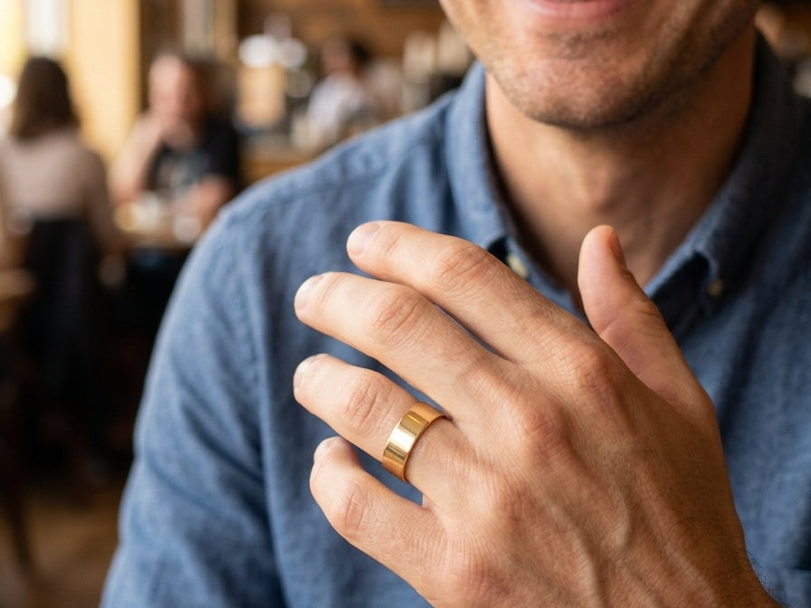male hand A wide wedding ring 8mm, with a flat profile (not D shape) . Totally plain and re-polished to near perfect condition.