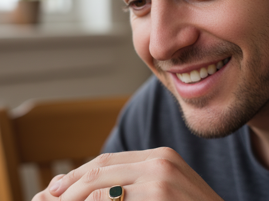 man signet ring featuring a cushion-shaped bloodstone,