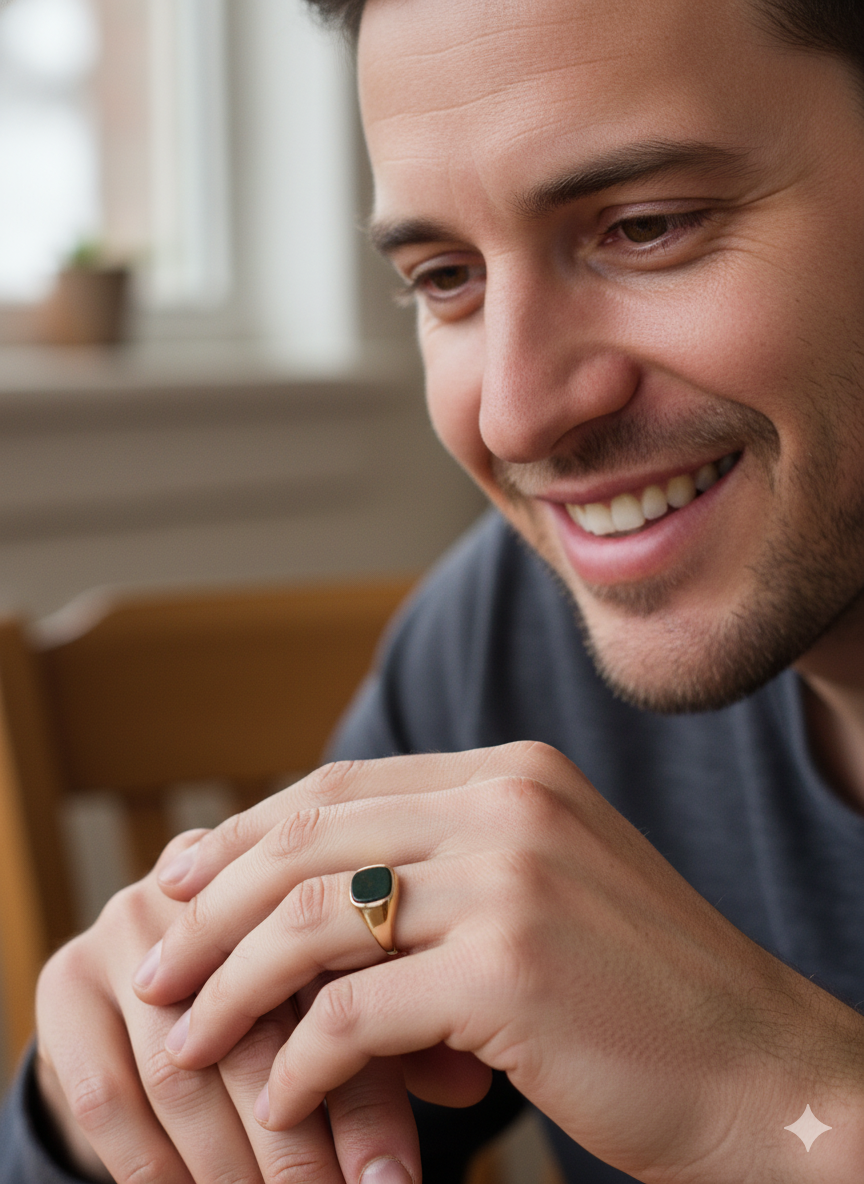 man signet ring featuring a cushion-shaped bloodstone,
