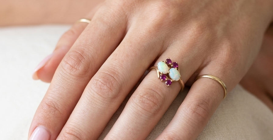model A 9 carat gold dress ring that features two oval white opals, each 7x5mm, and four rubies each 3.4mm.