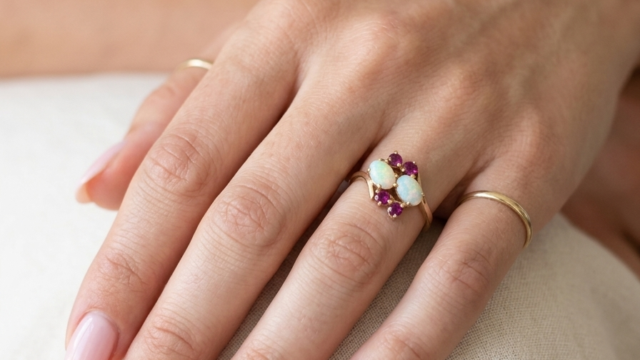 model A 9 carat gold dress ring that features two oval white opals, each 7x5mm, and four rubies each 3.4mm.