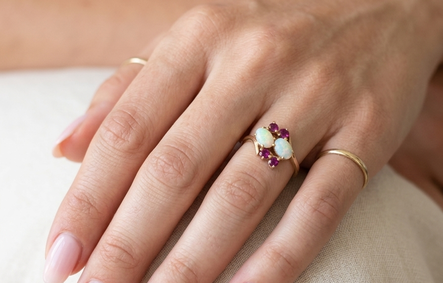 model A 9 carat gold dress ring that features two oval white opals, each 7x5mm, and four rubies each 3.4mm.