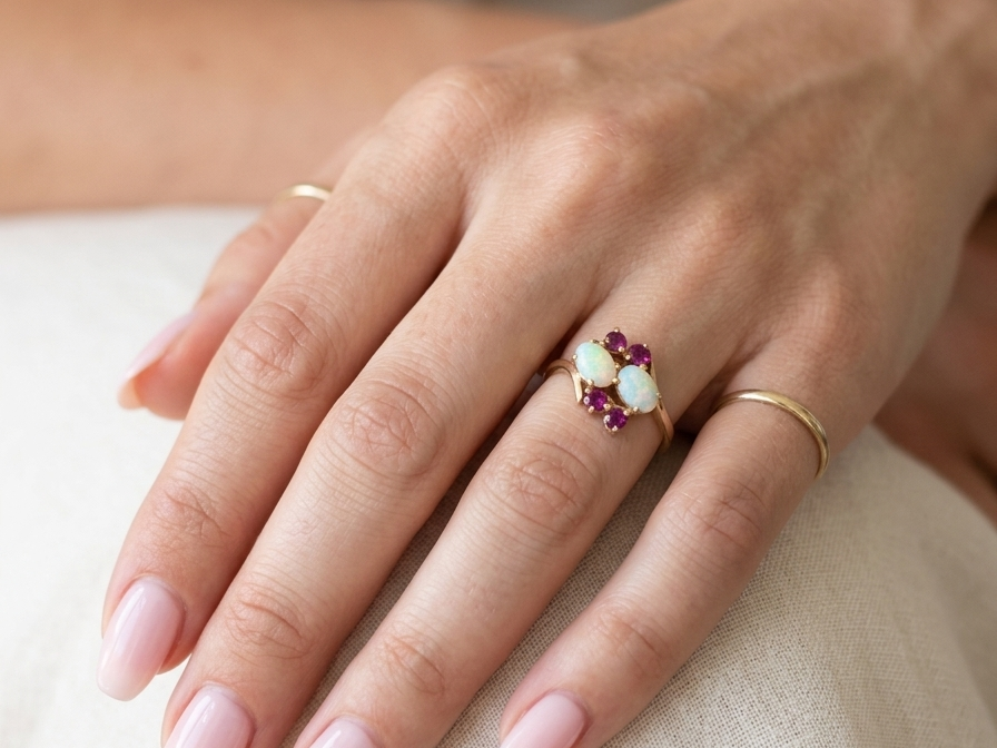 model A 9 carat gold dress ring that features two oval white opals, each 7x5mm, and four rubies each 3.4mm.